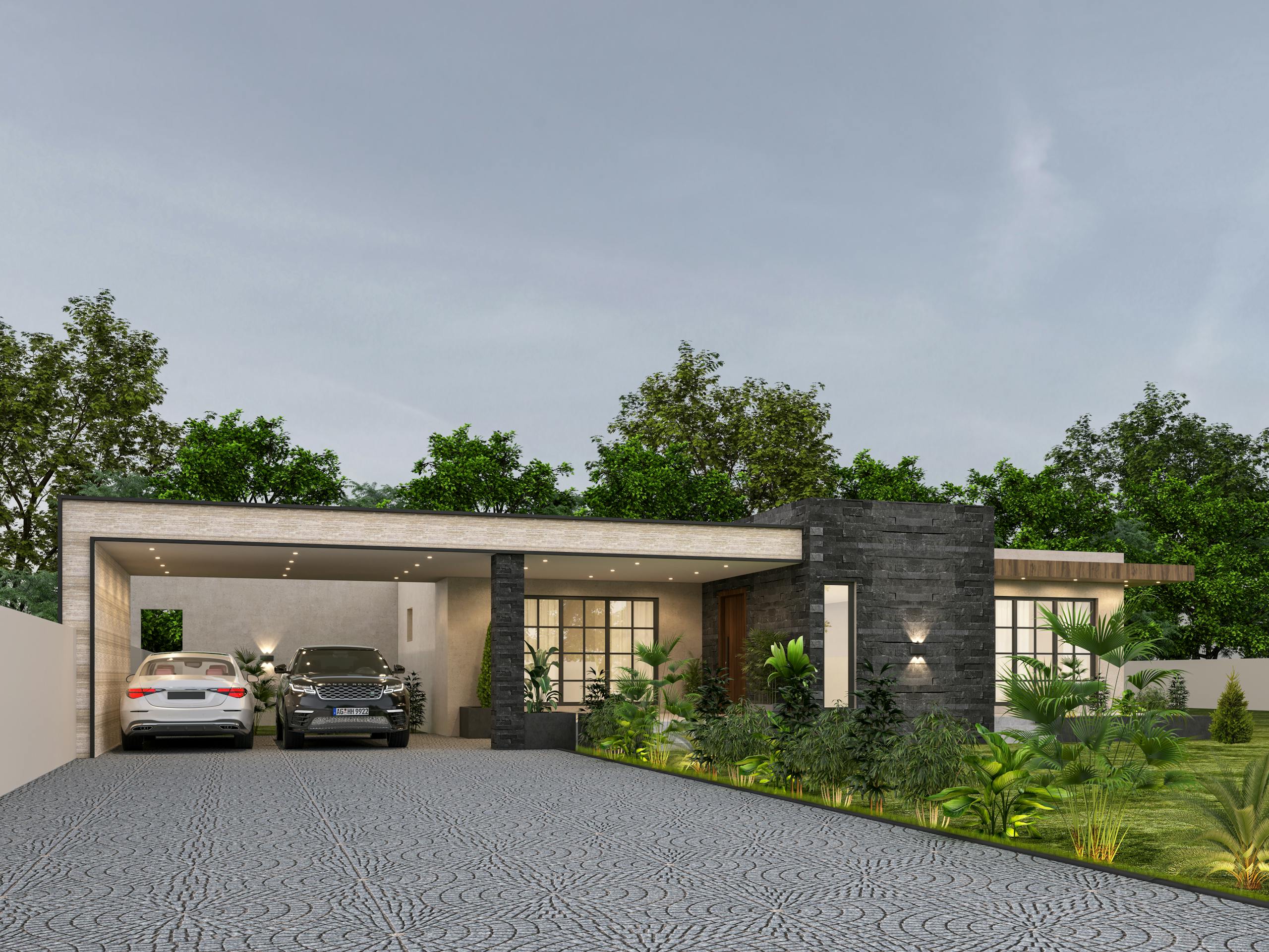 Contemporary bungalow showcasing a sleek design with two luxury cars parked in the driveway.